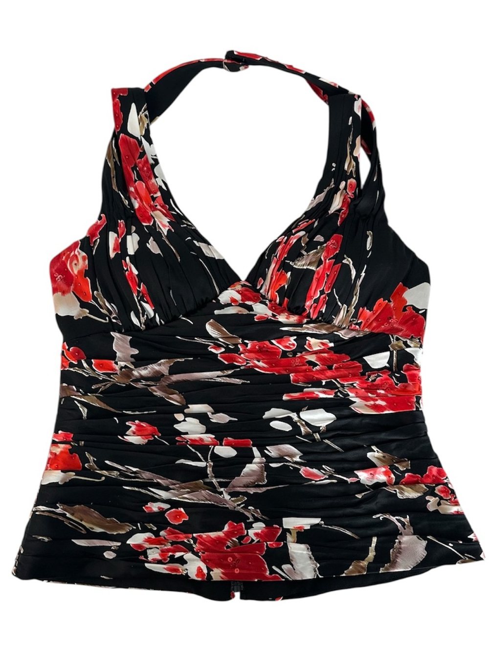 Vintage Y2K Adrianna Papell Black Red Silk Floral Print V-Neck Halter Top